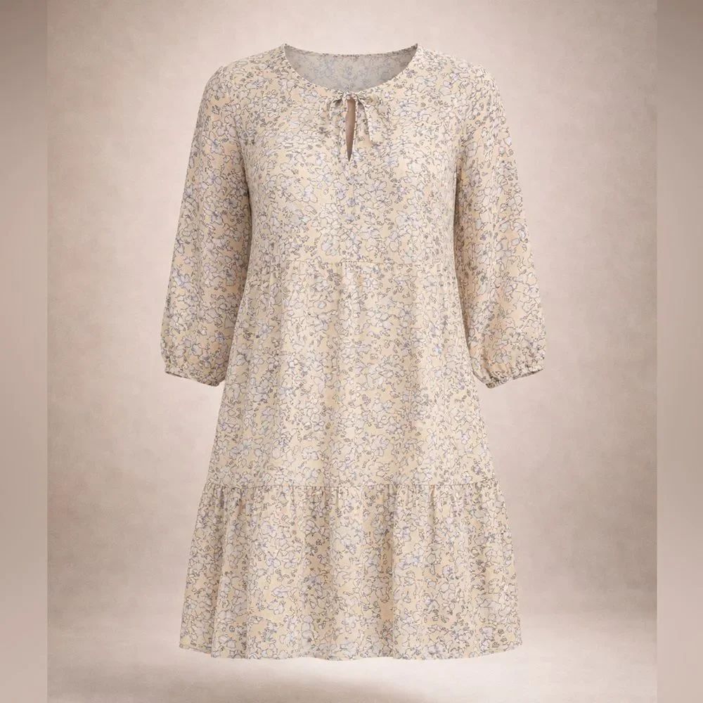 Floral Mini Dress 3/4 Sleeve Boho Casual Summer Babydoll XS